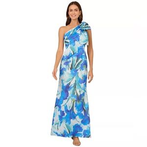Adrianna Papell Petite Printed Bow One-Shoulder Gown